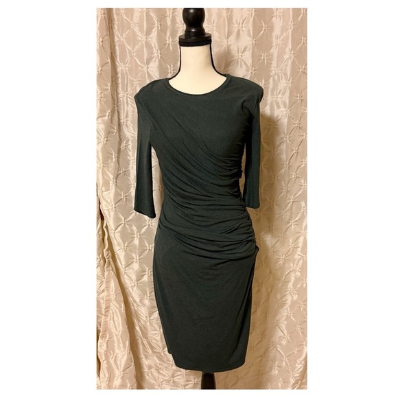 Helmut Lang Nova Jersey Ruched 3/4 Sleeve Midi Dress Dark Green Eucalyptus - Picture 3 of 10